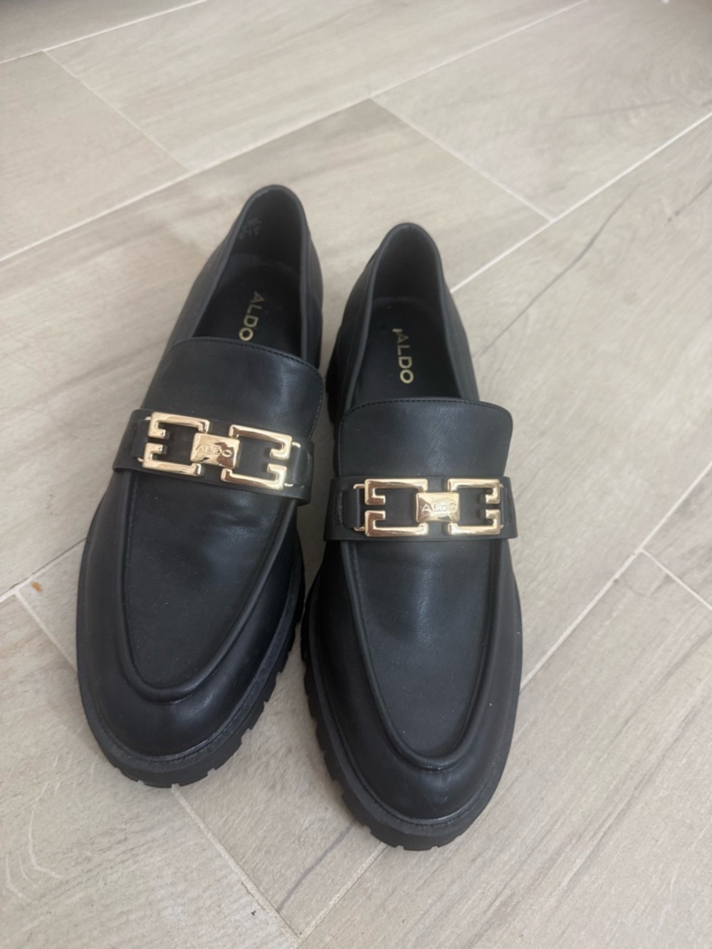 ALDO Black Leather Women’s Loafers with Gold Buckle Detail
